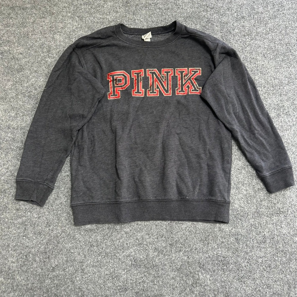 Pink Sweatshirt Womens Size XS Dark Gray Plaid Logo Graphic Crewneck Pullover